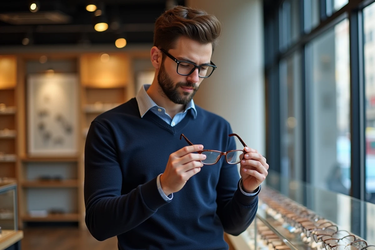 Jeune homme regardant des lunettes dans une boutique optique