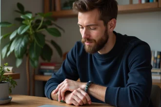 Homme barbu examine un bracelet en pierre dans son bureau chaleureux