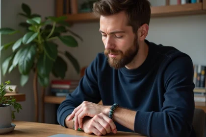 Homme barbu examine un bracelet en pierre dans son bureau chaleureux