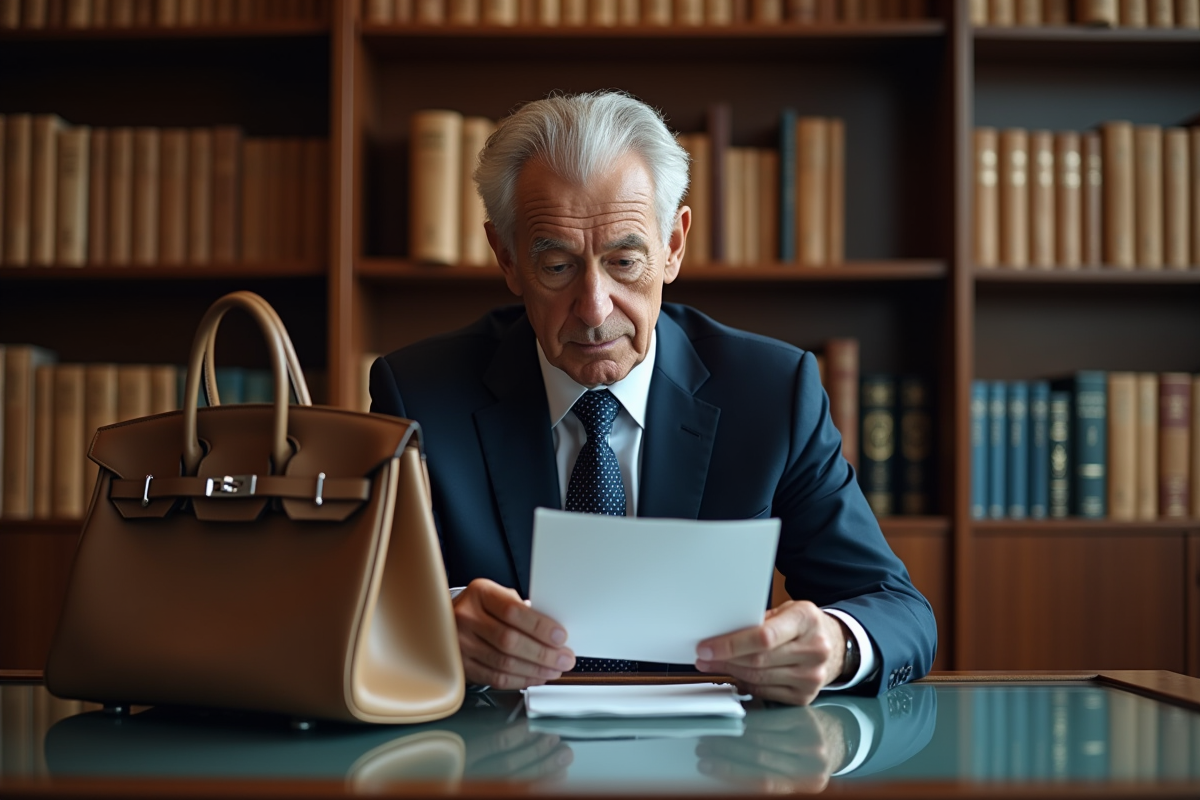 Homme d age posant un sac Birkin Himalaya sur un bureau dans un bureau raffine