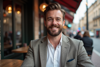 Homme élégant souriant dans un café en ville