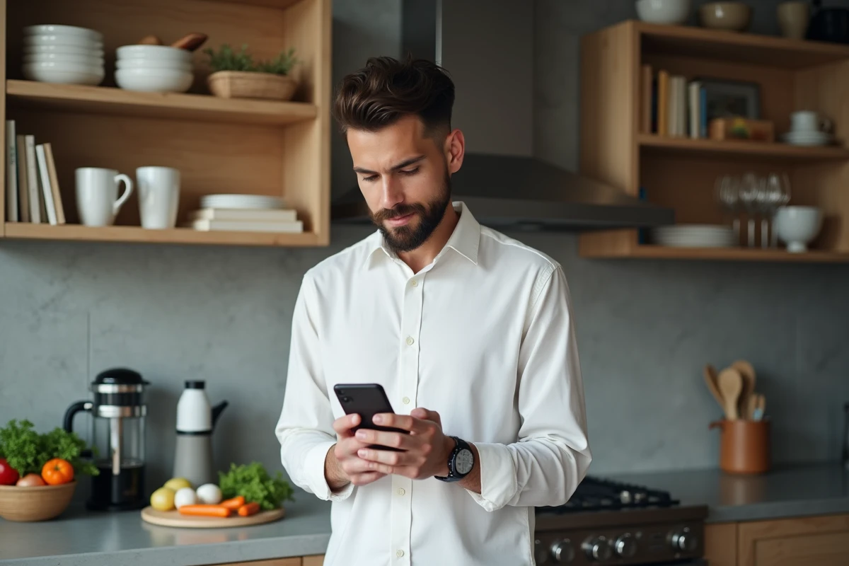 Homme comparant des avis produits sur son smartphone dans une cuisine moderne et contemporaine