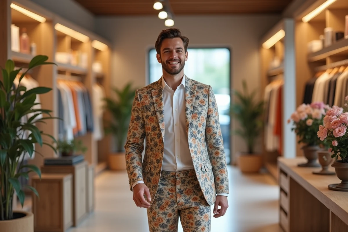 Homme en costume floral dans une boutique élégante