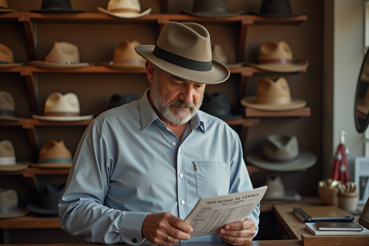 Homme essayant un fedora dans une boutique de chapeaux
