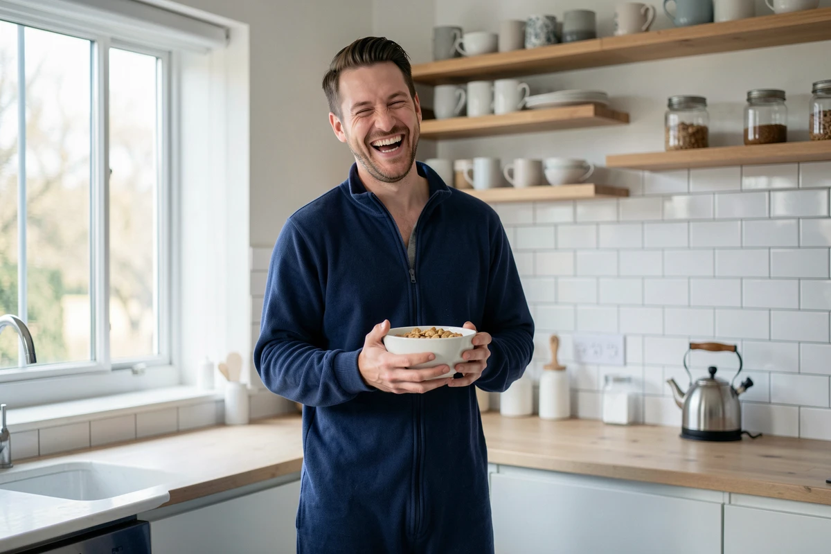 Homme en grenouillère bleue marine dans une cuisine moderne tenant un bol de céréales, style de vie décontracté matinal