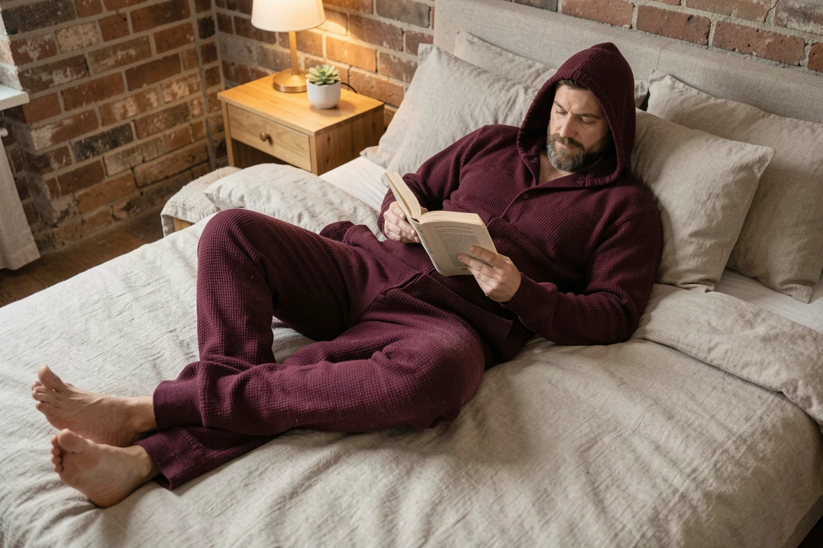 Homme barbu en grenouillère bordeaux à capuche allongé sur un lit en train de lire, atmosphère cocooning chambre