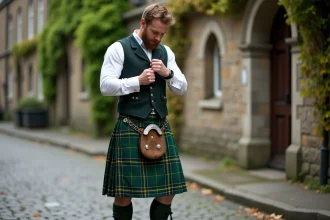 Homme portant un kilt irlandais traditionnel vert et safran dans une rue pavée historique, inspectant la qualité du tissu