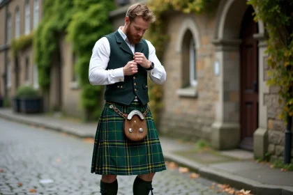 Homme portant un kilt irlandais traditionnel vert et safran dans une rue pavée historique, inspectant la qualité du tissu