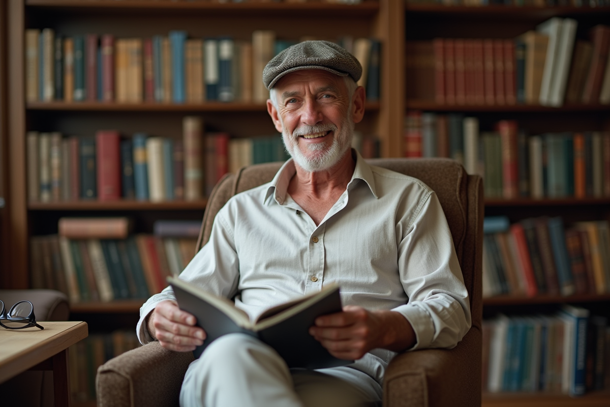 Homme détendu lisant dans une bibliothèque chaleureuse