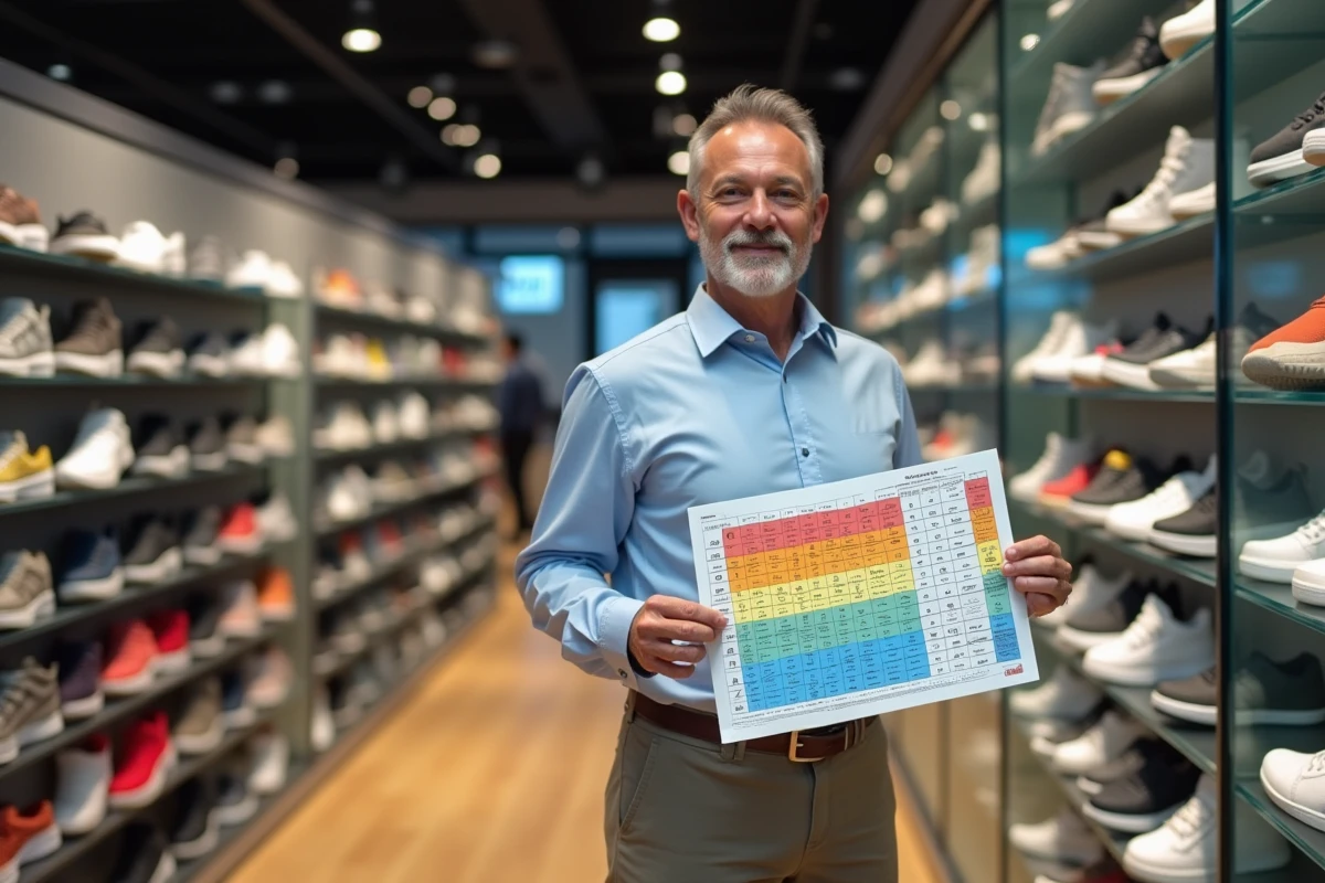 Homme en magasin de chaussures tenant un tableau de conversion