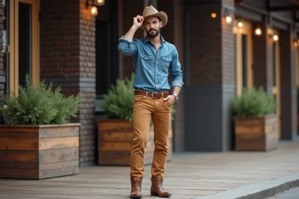 Homme élégant en denim et cowboy boots en ville
