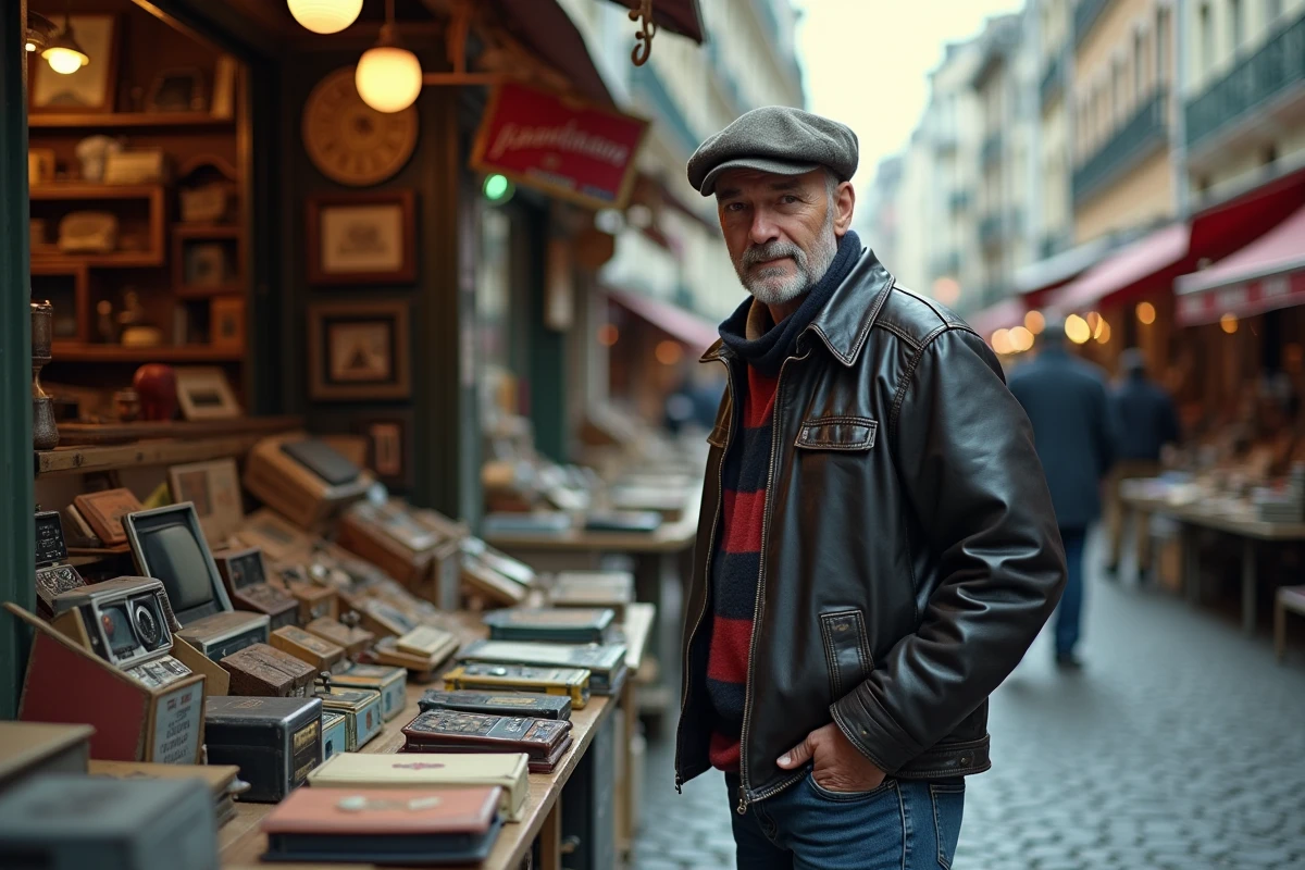 Homme négociant le prix d'un article avec un vendeur lors d'une braderie de rue, devant un stand d'objets vintage et de livres anciens
