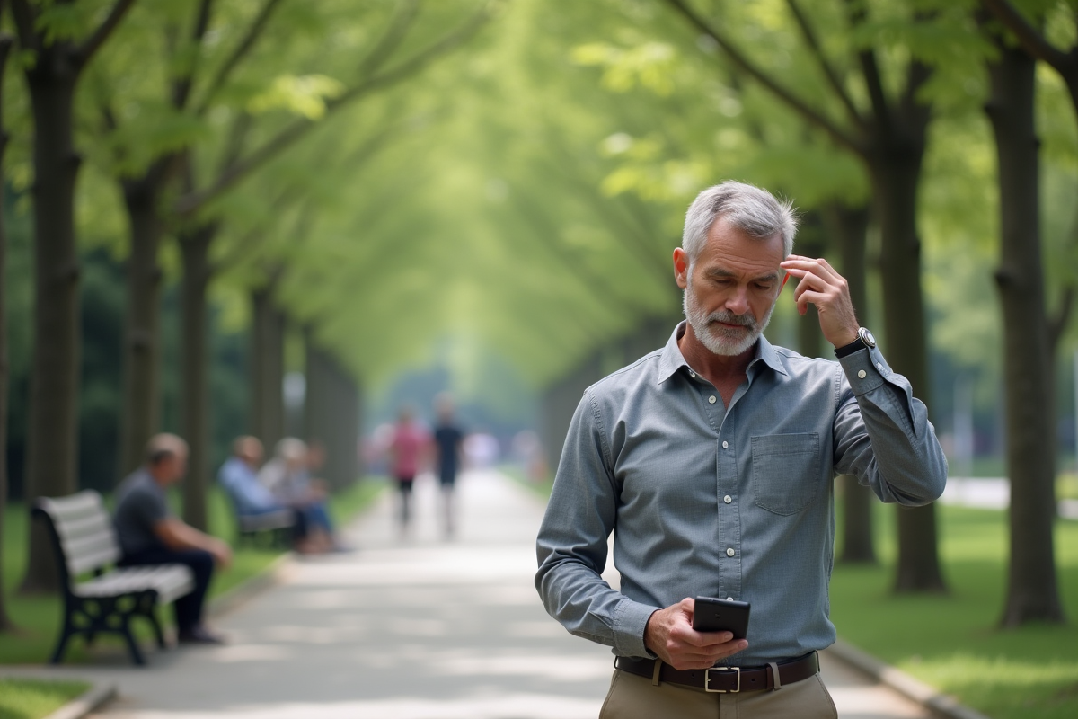 Homme regardant sa coupe de cheveux dans un parc urbain
