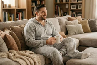 Homme en pyjama grenouillère gris polaire assis sur un canapé avec une tasse de thé, ambiance cocooning chaleureuse