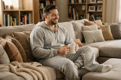 Homme en pyjama grenouillère gris polaire assis sur un canapé avec une tasse de thé, ambiance cocooning chaleureuse