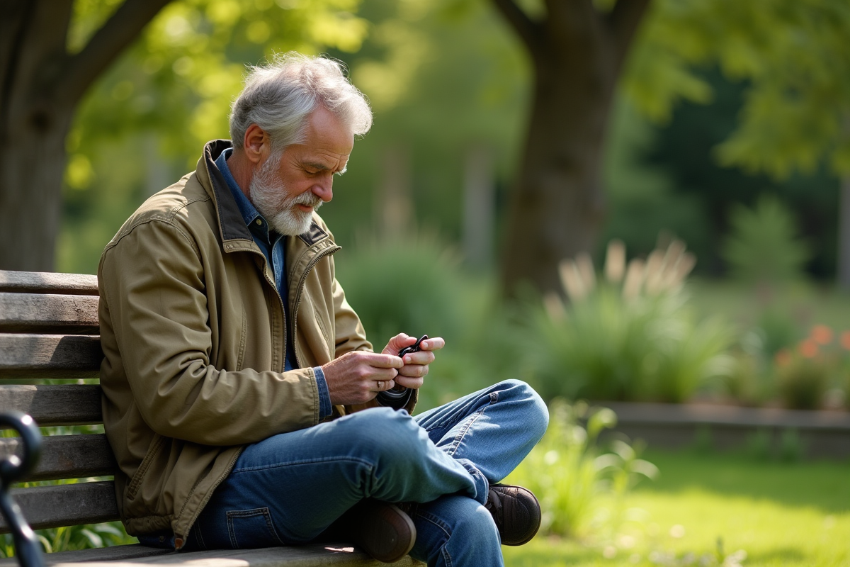 Homme réparant ses vêtements en plein air dans un parc