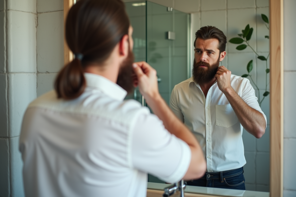 Homme élégant se coiffant dans un miroir moderne