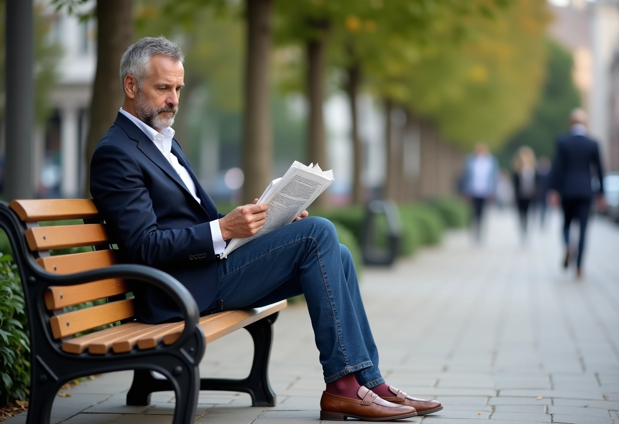 Homme en jeans et blazer assis sur un banc en ville