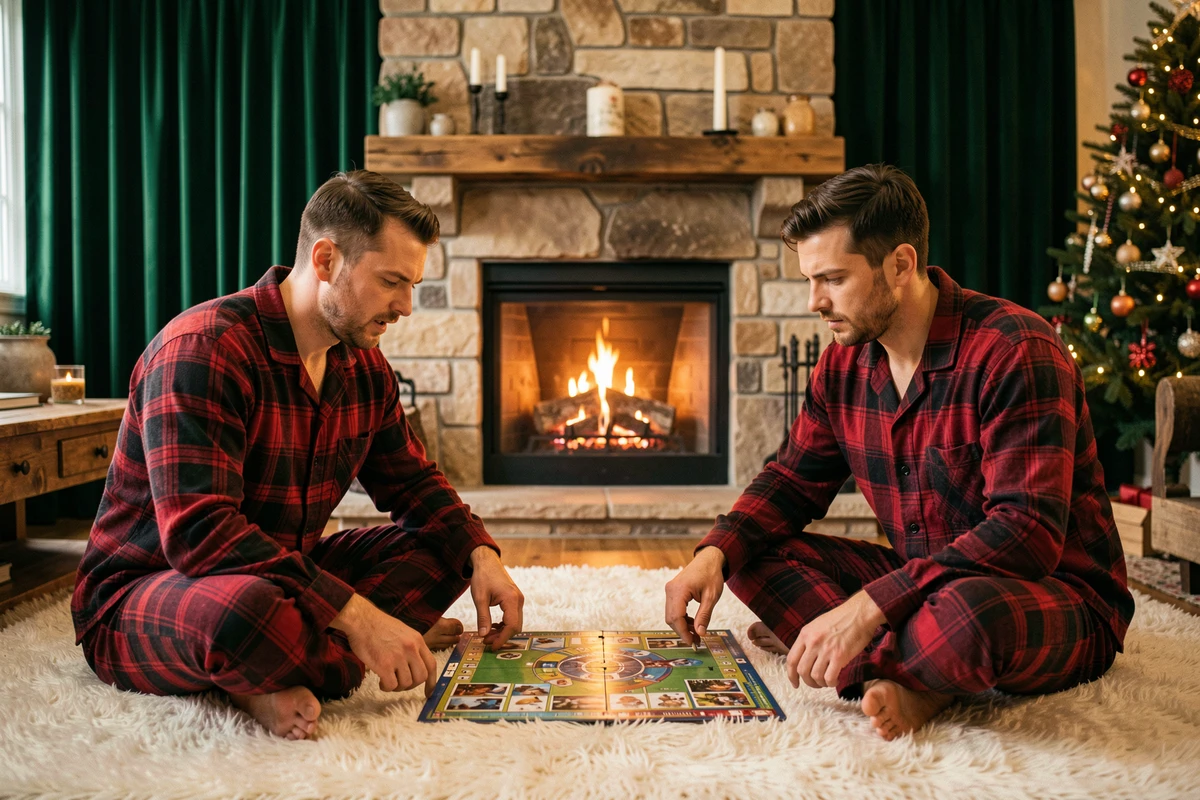 Deux hommes en pyjamas grenouillères à carreaux écossais jouant à un jeu de société devant une cheminée, ambiance cocooning festive