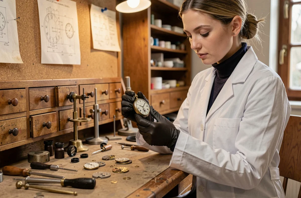 Horlogère experte en blouse blanche inspectant une montre de poche vintage dans un atelier traditionnel suisse, illustrant l'expertise et la valeur patrimoniale