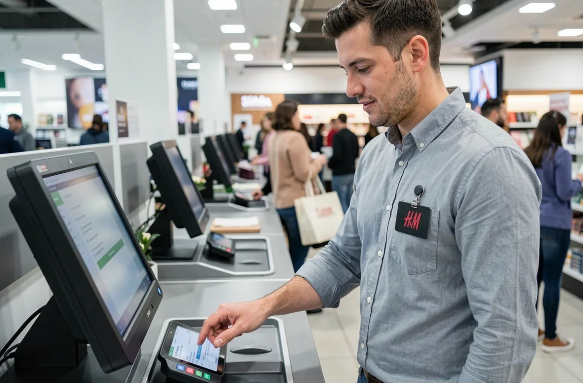 Hôte de caisse H&M scannant des articles à la caisse automatique dans un centre commercial