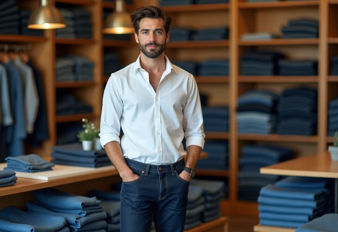 Homme en jean denim indigo dans une boutique haut de gamme