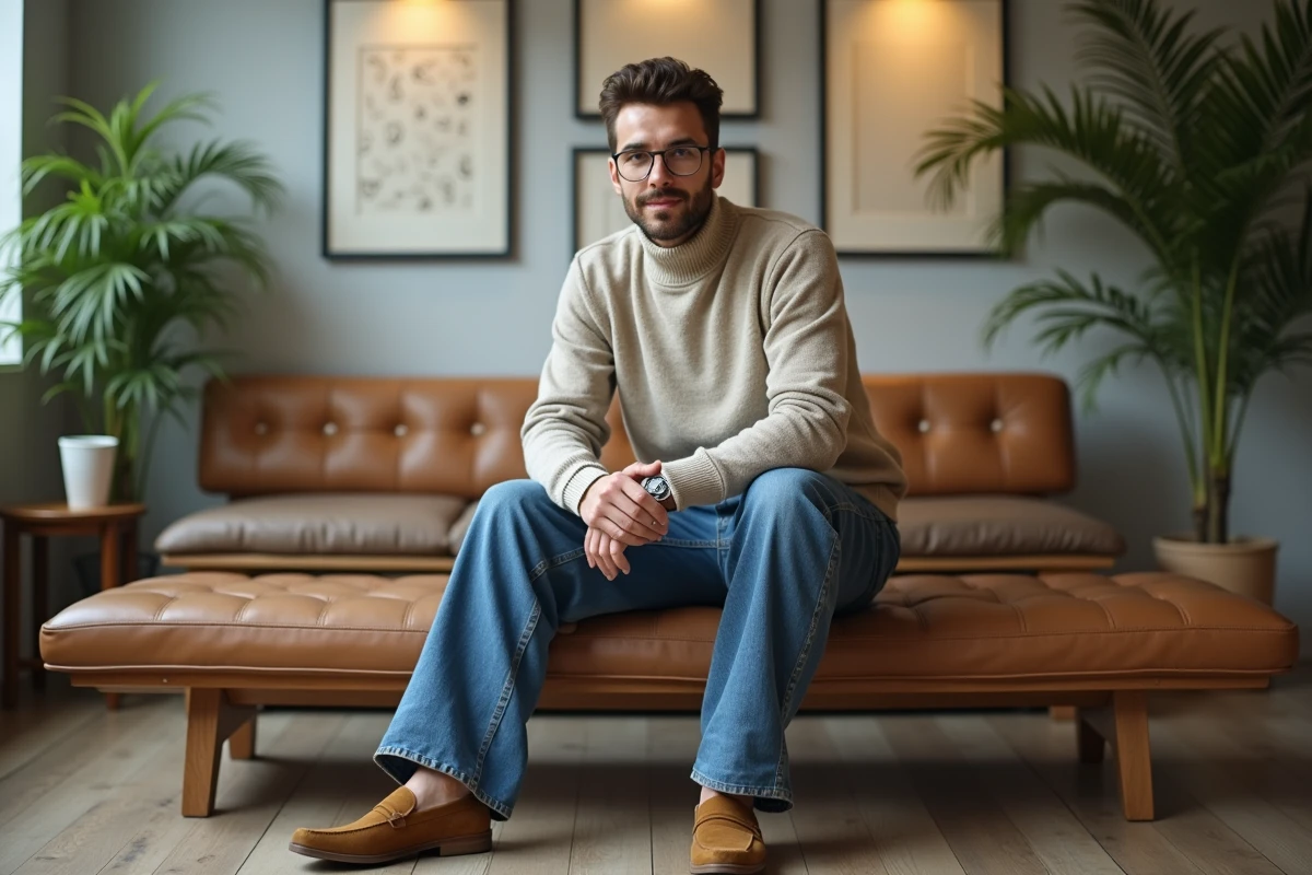 Jeune homme assis dans un espace moderne intérieur
