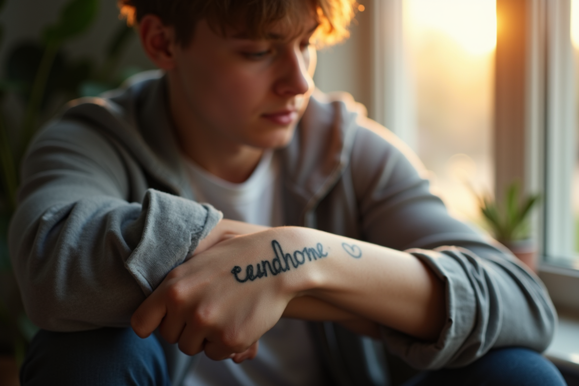 Jeune adulte montrant un tatouage nom sur le bras