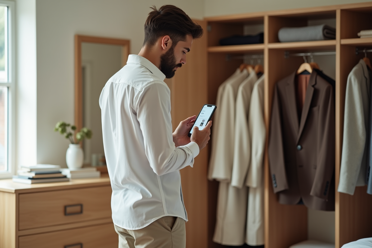 Jeune homme photographie une veste dans sa chambre lumineuse