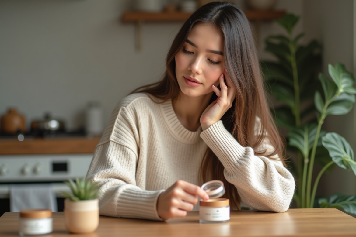 Jeune femme avec maquillage subtil tenant un fond de teint