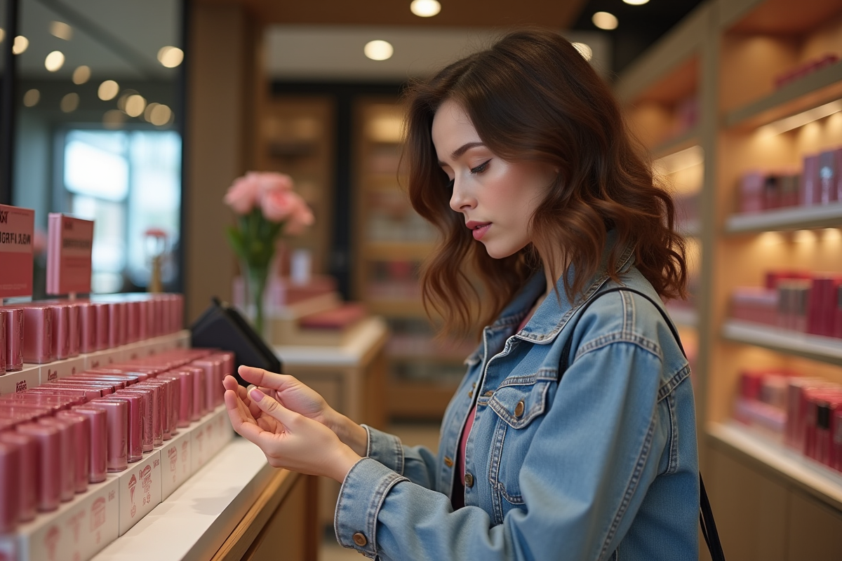 Jeune femme regardant des rouges à lèvres dans une boutique de maquillage