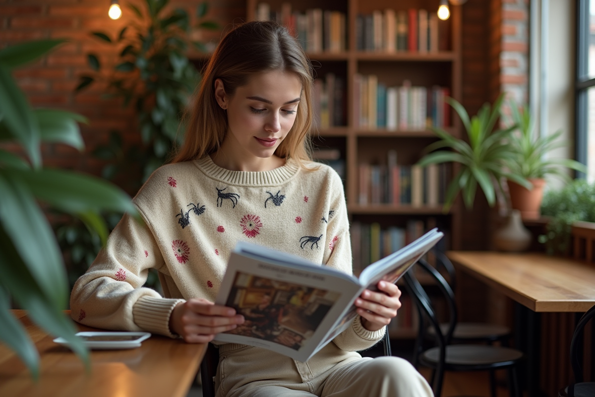 Jeune femme lisant magazine mode dans un café cosy