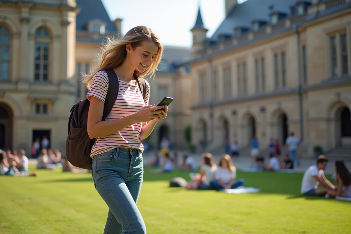 Jeune femme étudiante marchant dans un campus universitaire