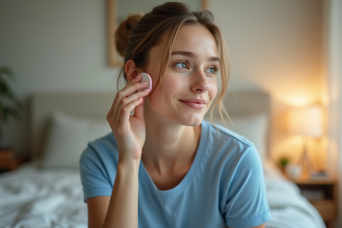 Jeune femme en tshirt bleu appliquant du maquillage sur son visage