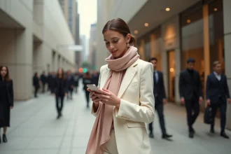 Jeune femme élégante en costume crème à l'entrée d'un lieu de mode