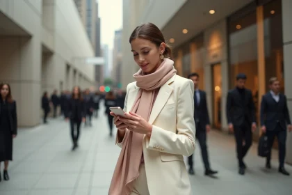 Jeune femme élégante en costume crème à l'entrée d'un lieu de mode