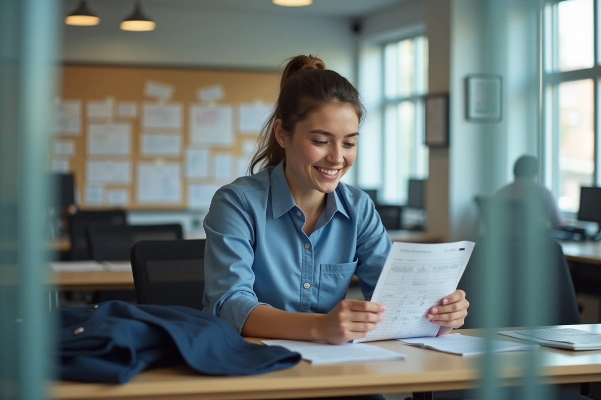 Jeune employée vérifiant sa liste de tenue dans un bureau lumineux