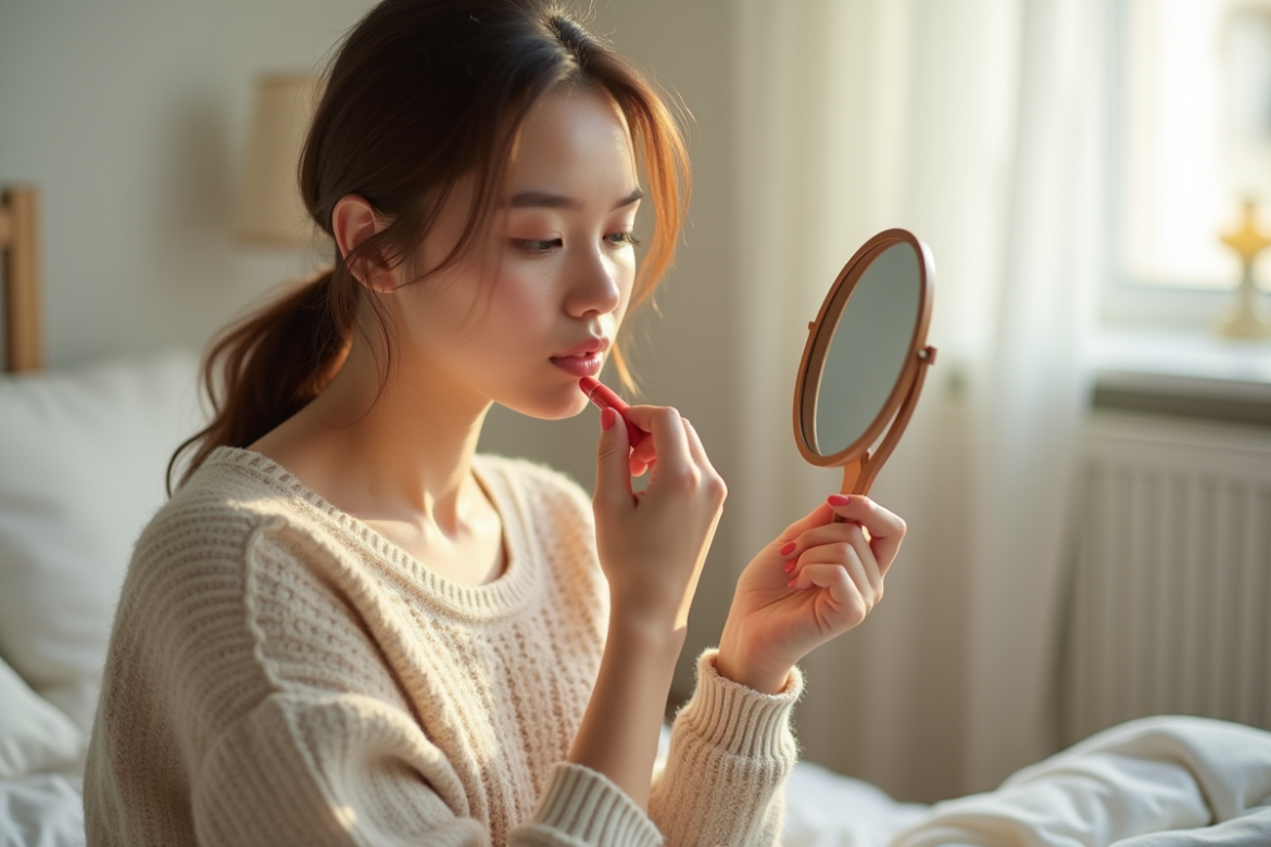 Jeune femme appliquant du rouge à lèvres corail dans une chambre lumineuse