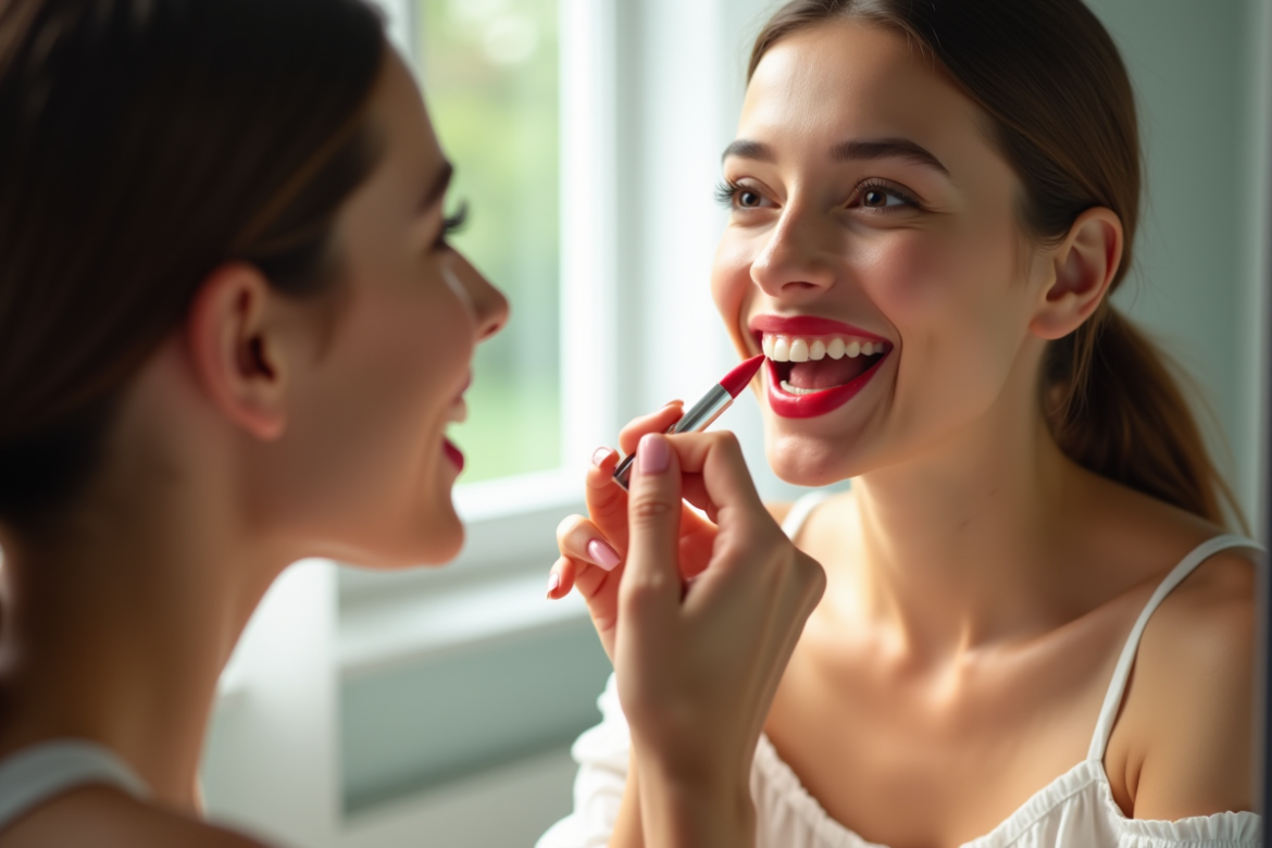 Jeune femme souriante appliquant un rouge à lèvres rouge devant un miroir