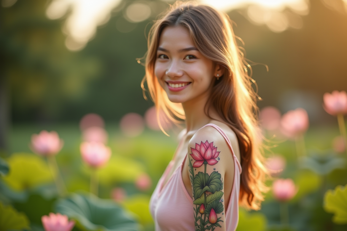 Jeune femme souriante avec tatouage lotus sur l'épaule