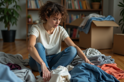 Jeune femme triant des vêtements usés dans un appartement urbain
