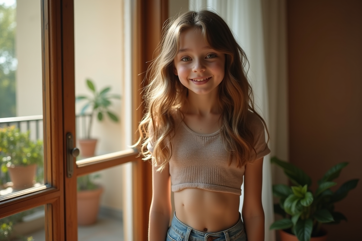 Jeune fille avec ses amis sur un balcon ensoleille