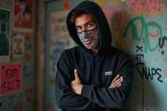 Jeune homme hiphop portant un masque graphique dans un décor urbain