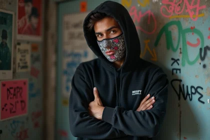 Jeune homme hiphop portant un masque graphique dans un décor urbain