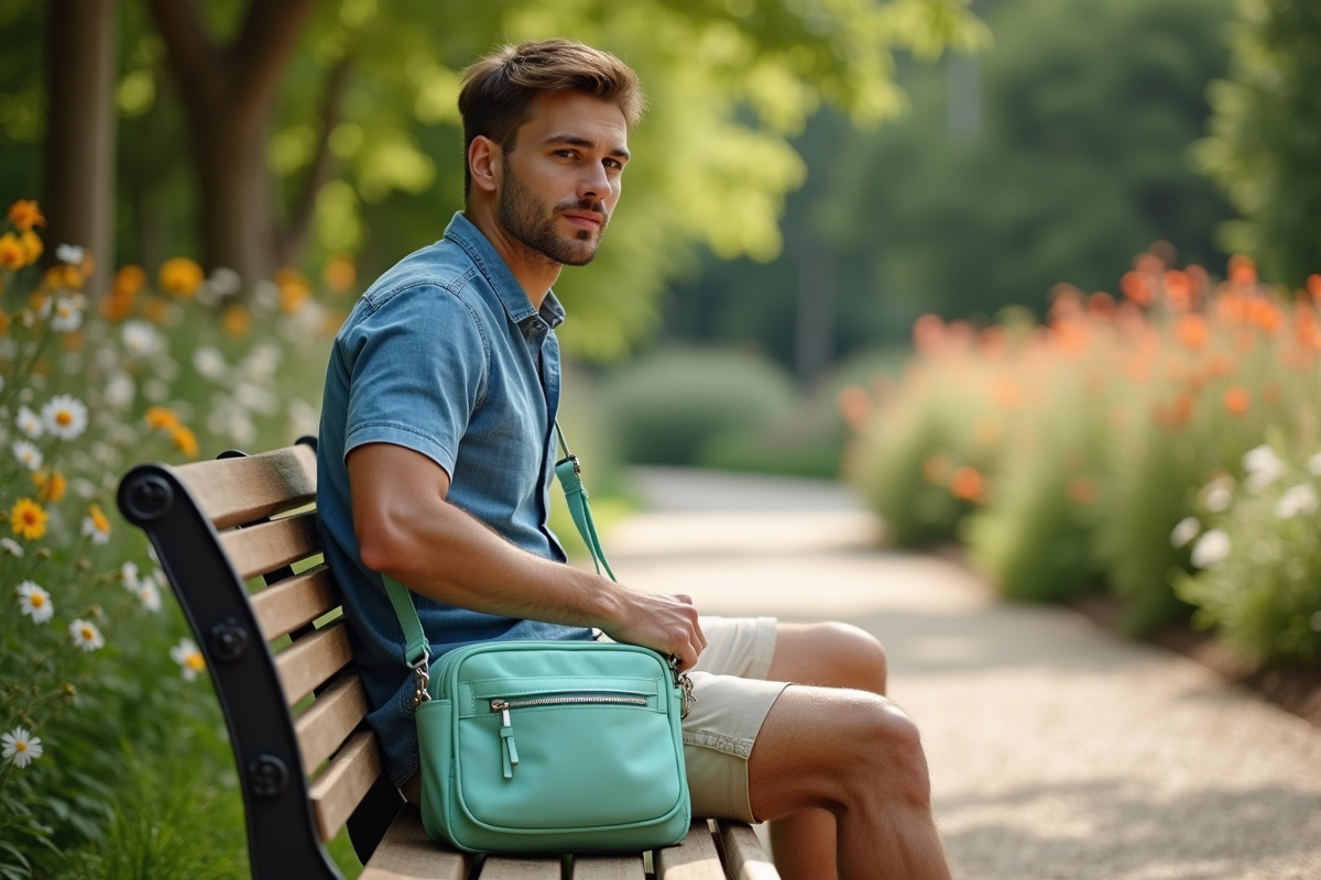 Jeune homme assis sur un banc dans un jardin botanique
