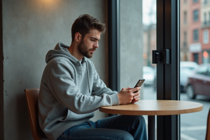 Jeune homme pensif dans un café urbain moderne