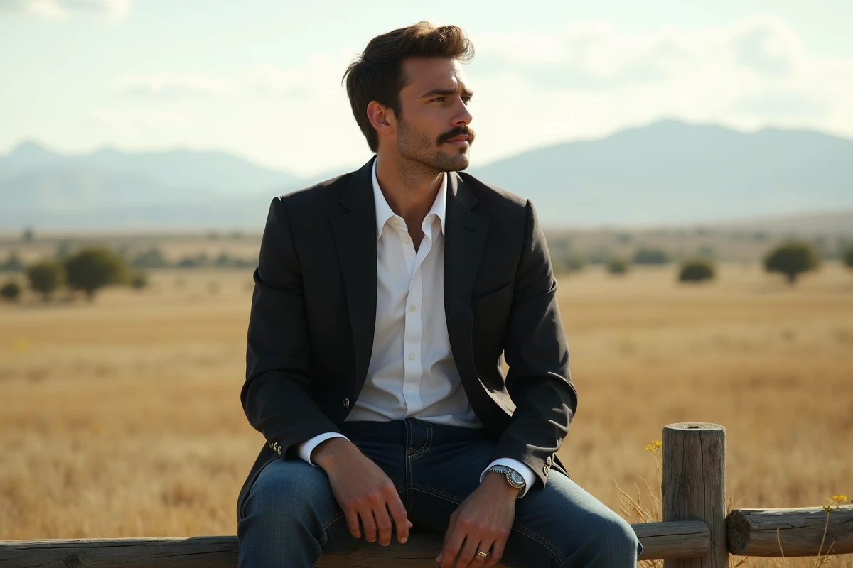 Jeune homme en tenue western sur clôture campagne