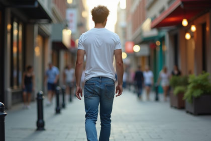 Jeune homme en jeans et t-shirt blanc dans une rue urbaine