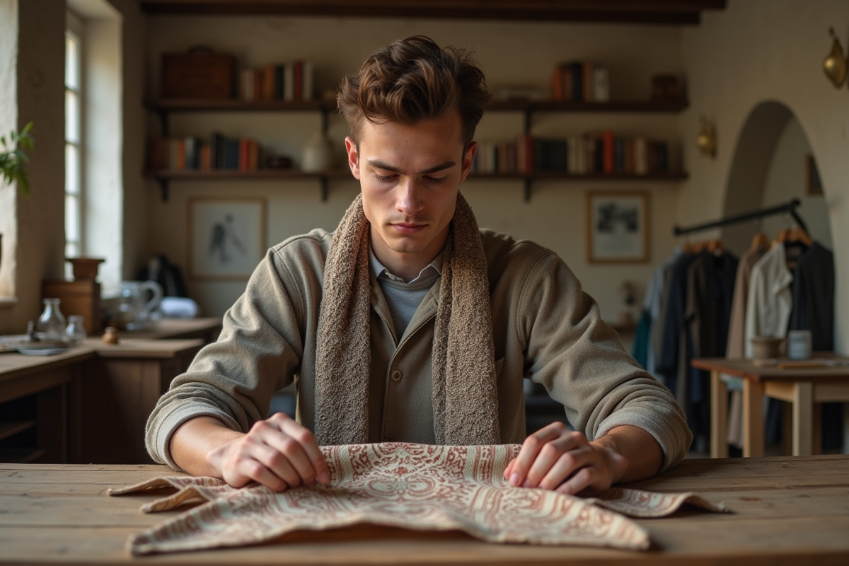 Jeune homme français étudiant un foulard vintage en intérieur chaleureux