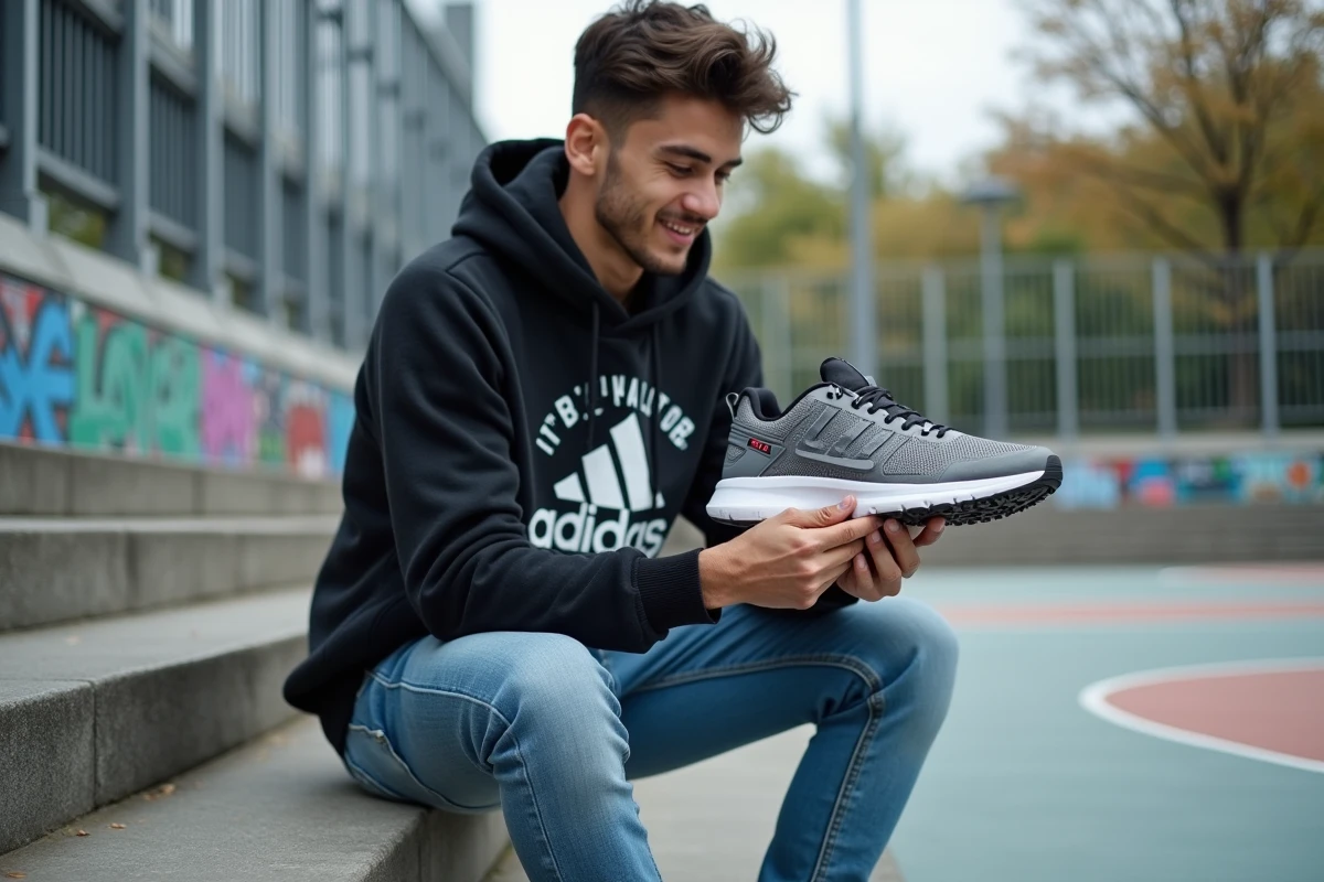 Jeune homme examine une sneaker logo en extérieur